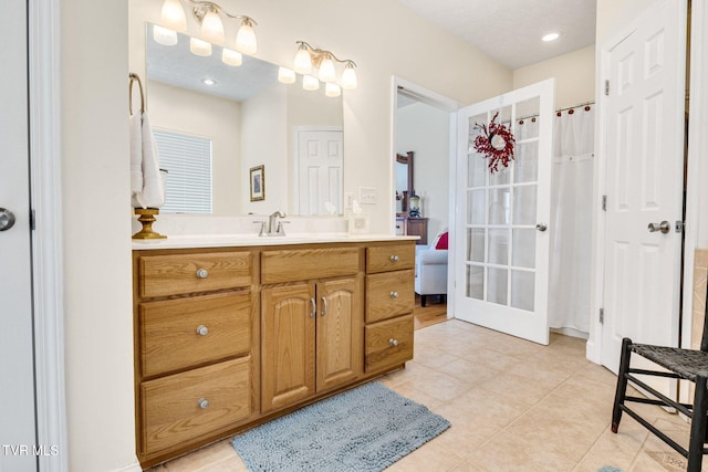 963 Beaver Creek Rd, Bluff City, TN 37618 - full bathroom featuring tile patterned flooring, curtained shower, french doors, and vanity