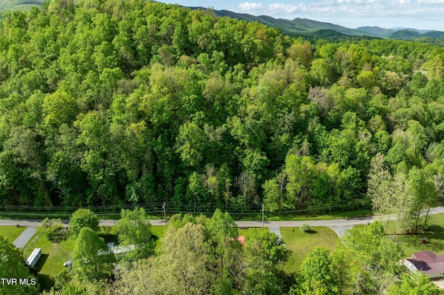 aerial view featuring a view of trees and a mountain view