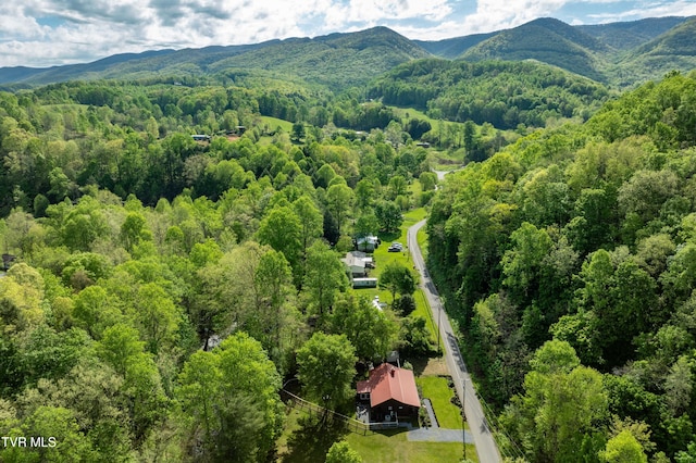aerial view with a view of trees and a mountain view