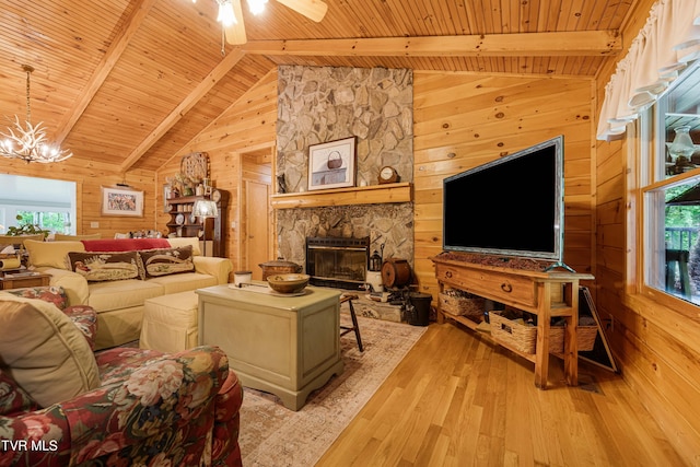 living area with plenty of natural light, wood walls, and wood ceiling