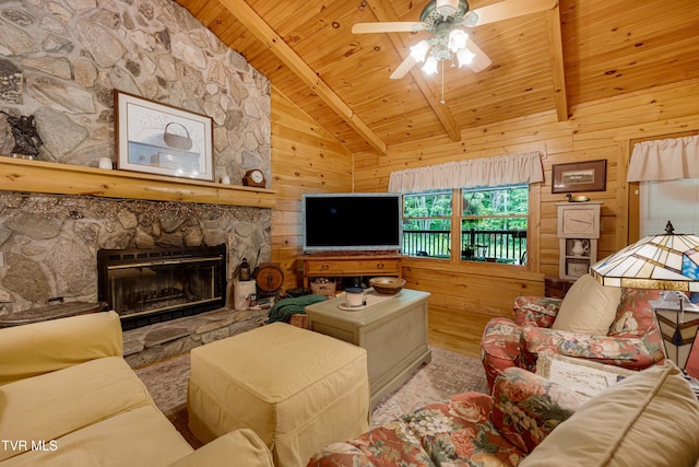 living room with wood walls, wood finished floors, a fireplace, wooden ceiling, and lofted ceiling with beams
