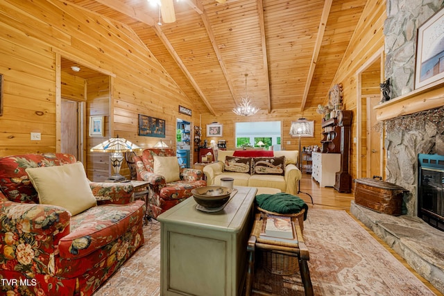 living room with wooden walls, wood ceiling, lofted ceiling, and wood finished floors