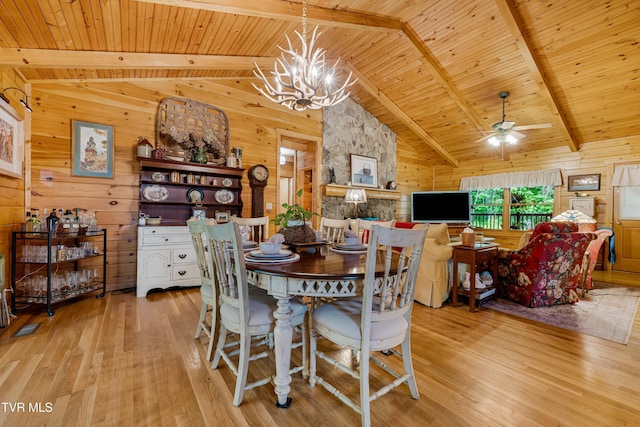 dining space featuring wooden walls, wooden ceiling, vaulted ceiling with beams, and light wood finished floors