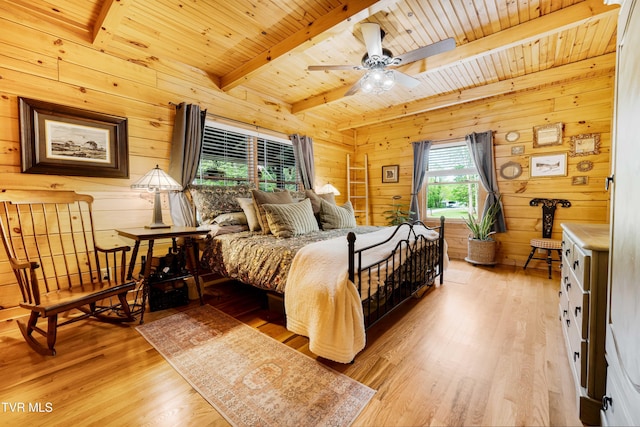 bedroom with beam ceiling, wood walls, wooden ceiling, and light wood-style flooring