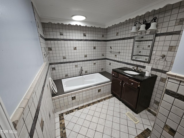 7231 Rocky Fork Rd, Wise, VA 24293 - bathroom with a tub with jets, vanity, tile walls, tile patterned flooring, and ornamental molding