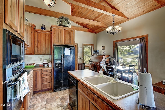 kitchen with vaulted ceiling with beams, wood ceiling, a sink, black appliances, and hanging light fixtures