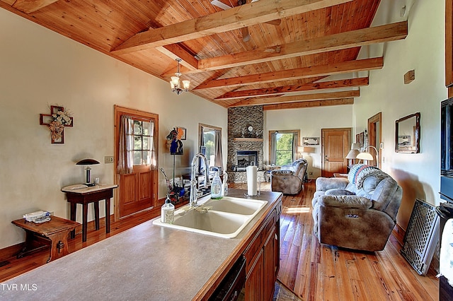 kitchen featuring wood ceiling, open floor plan, a sink, and light wood finished floors