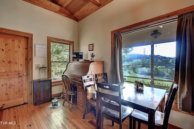 dining room with light wood-style floors, lofted ceiling, and wooden ceiling