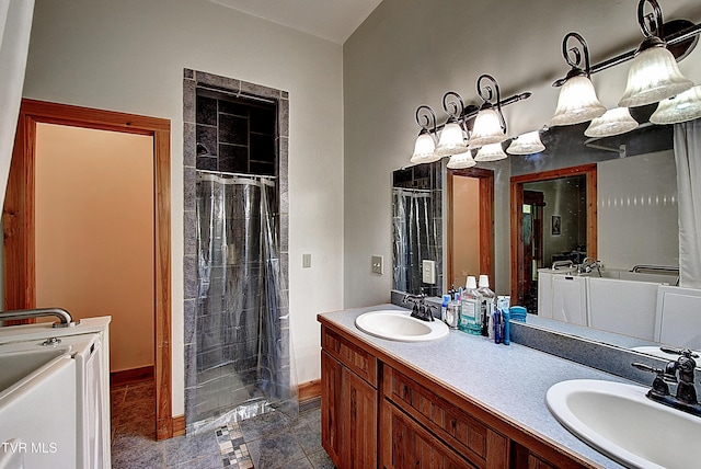 bathroom with a shower with shower curtain, baseboards, and a sink
