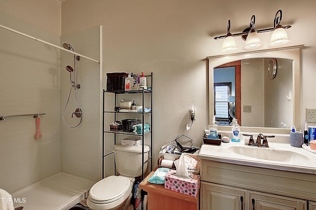 full bath with a walk in shower, toilet, and vanity