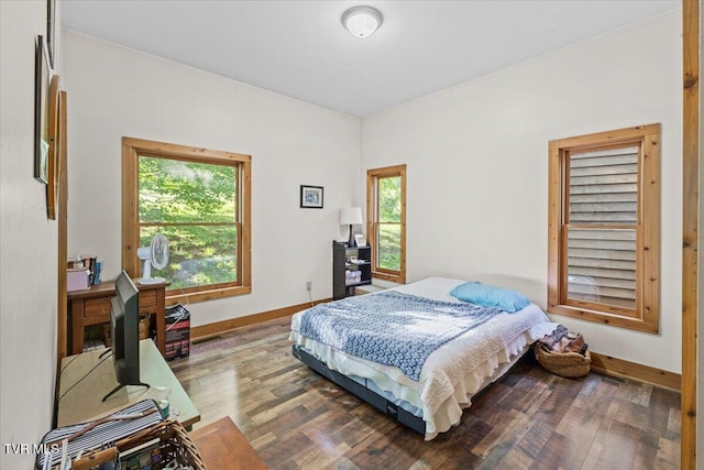 bedroom with baseboards, multiple windows, and wood finished floors