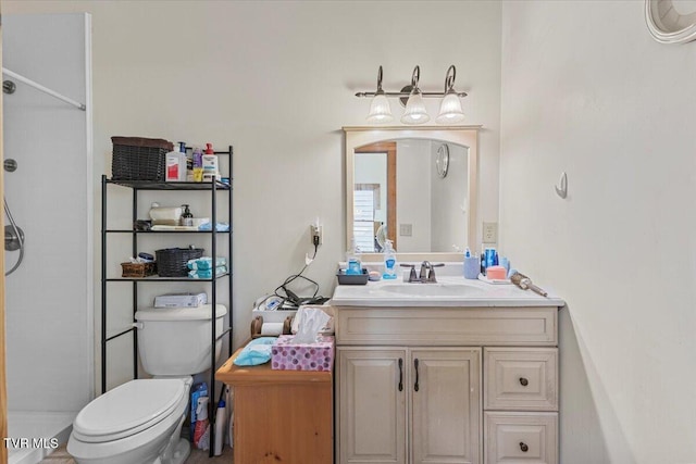 full bathroom featuring vanity, toilet, and a shower