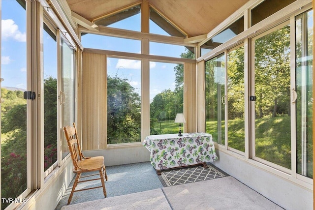 sunroom / solarium featuring carpet floors and lofted ceiling