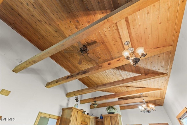 details featuring ceiling fan with notable chandelier, beam ceiling, and wooden ceiling