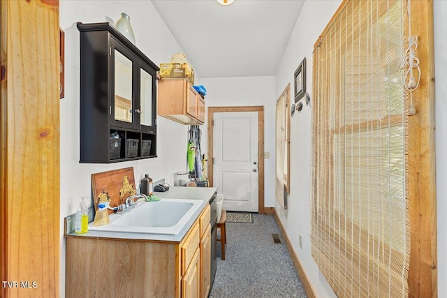 interior space featuring carpet flooring, baseboards, visible vents, and a sink