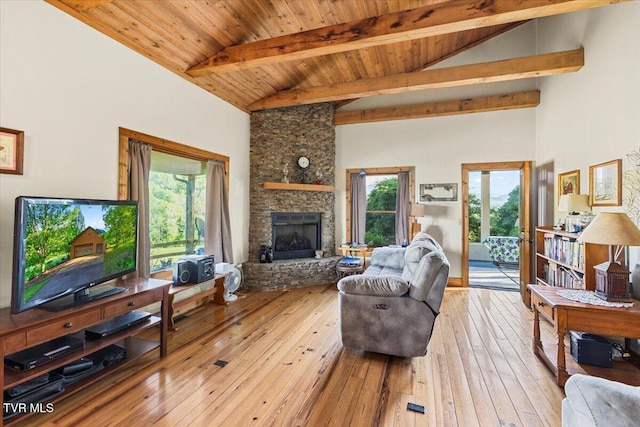 living room featuring beam ceiling, a fireplace, high vaulted ceiling, wood ceiling, and light wood finished floors