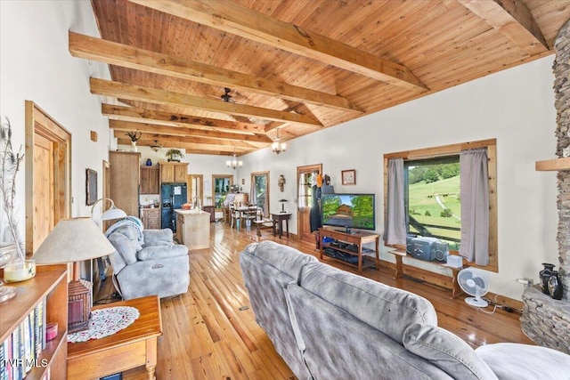 living area featuring an inviting chandelier, lofted ceiling with beams, light wood-style floors, and wooden ceiling