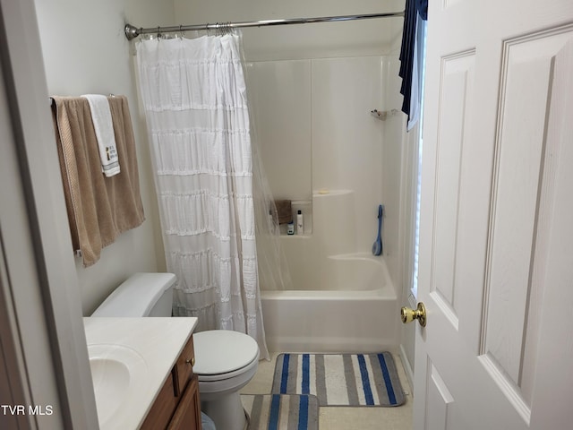 full bath with toilet, shower / bath combination with curtain, and vanity