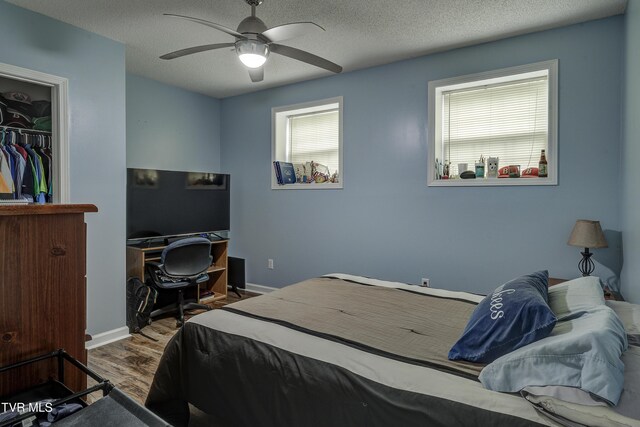 115 Maple Ridge Dr, Jonesborough, TN 37659 - bedroom featuring wood finished floors, baseboards, a textured ceiling, ceiling fan, and a closet
