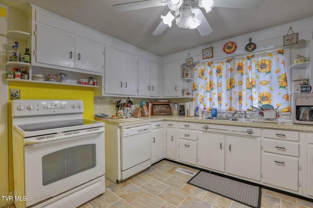 kitchen with open shelves, ceiling fan, white appliances, and light countertops