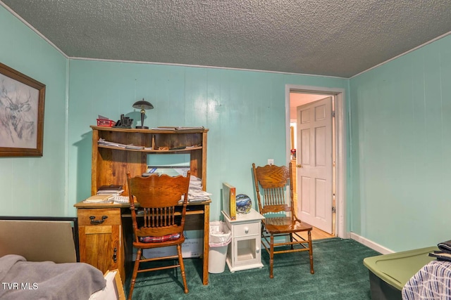interior space featuring a textured ceiling, carpet, and ornamental molding