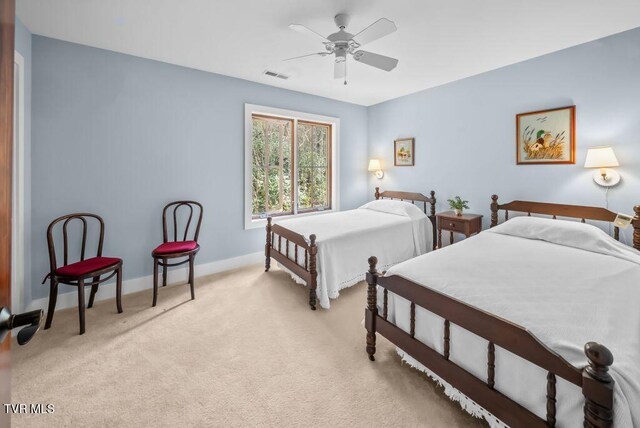 342 Ripshin Lake Rd, Roan Mountain, TN 37687 - bedroom with baseboards, light carpet, a ceiling fan, and visible vents