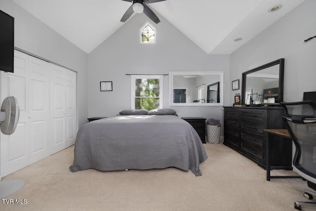 1008 Cox Trail Pl, Kingsport, TN 37660 - bedroom with light colored carpet, a closet, a ceiling fan, high vaulted ceiling, and a desk