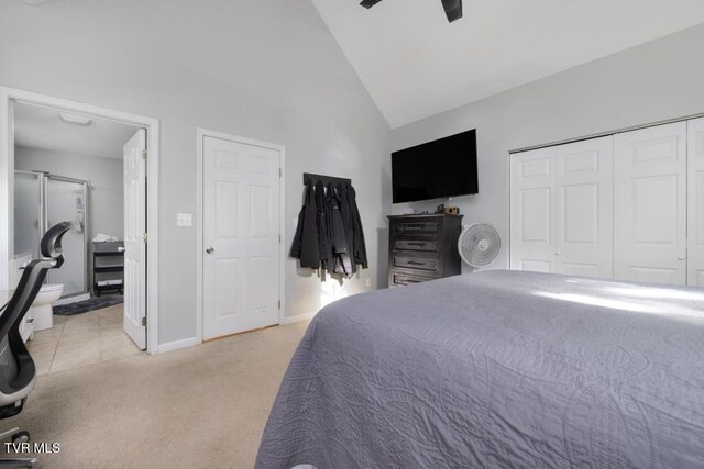 1008 Cox Trail Pl, Kingsport, TN 37660 - bedroom featuring high vaulted ceiling, light carpet, a closet, ensuite bath, and a ceiling fan