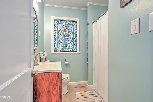 full bath with visible vents, crown molding, tile patterned flooring, vanity, and toilet