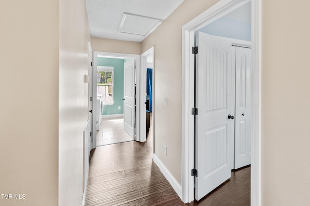 105 Dewey Ct, Bristol, VA 24201 - hall with baseboards, attic access, and dark wood-style floors