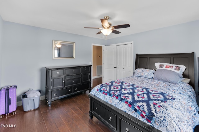 105 Dewey Ct, Bristol, VA 24201 - bedroom featuring a closet, visible vents, baseboards, dark wood-style floors, and a ceiling fan