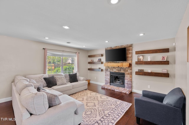105 Dewey Ct, Bristol, VA 24201 - living room featuring recessed lighting, baseboards, a fireplace, and dark wood finished floors