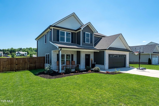 craftsman-style home with a garage, a front lawn, fence, concrete driveway, and a porch