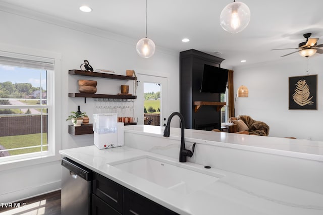 kitchen featuring ceiling fan, a sink, dishwasher, dark cabinetry, and dark wood finished floors
