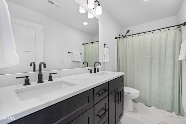 full bathroom with recessed lighting, visible vents, a sink, and marble finish floor
