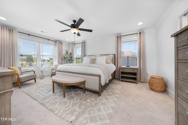 bedroom with ceiling fan, visible vents, carpet floors, baseboards, and recessed lighting
