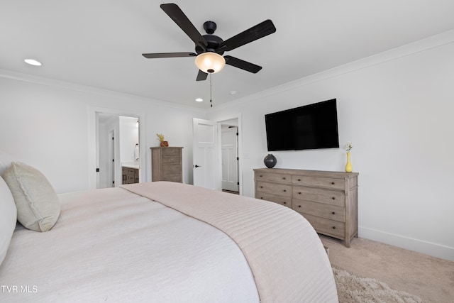 bedroom featuring crown molding, baseboards, recessed lighting, and light colored carpet