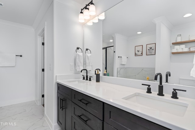 full bath featuring a sink, a marble finish shower, crown molding, and marble finish floor