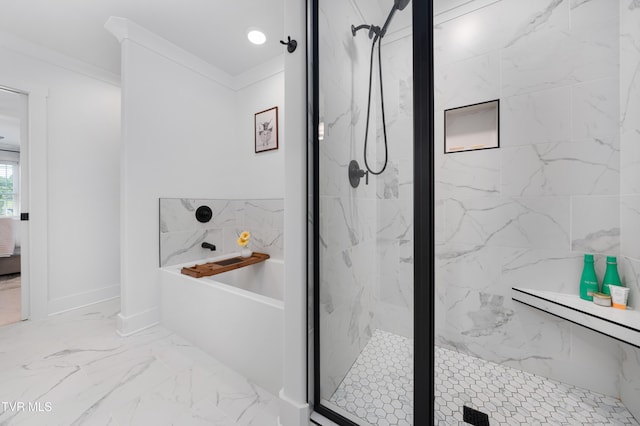 ensuite bathroom featuring a marble finish shower, marble finish floor, a bath, and connected bathroom