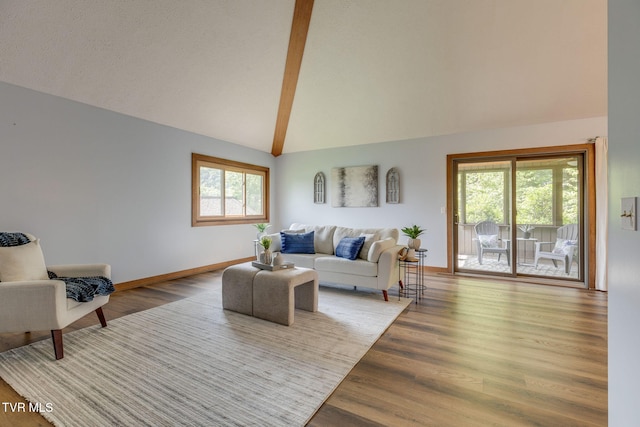 100 Periwinkle Pl Unit 100, Kingsport, TN 37660 - living area featuring baseboards, wood finished floors, high vaulted ceiling, and beamed ceiling