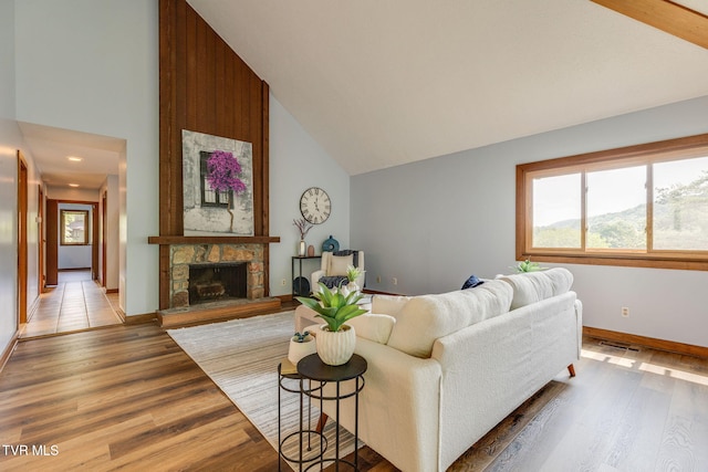100 Periwinkle Pl Unit 100, Kingsport, TN 37660 - living area with high vaulted ceiling, baseboards, wood finished floors, and a fireplace