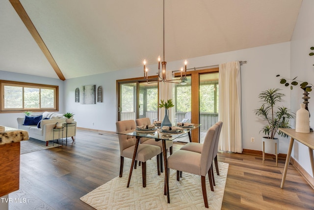 100 Periwinkle Pl Unit 100, Kingsport, TN 37660 - dining area featuring a chandelier, baseboards, wood finished floors, beam ceiling, and high vaulted ceiling