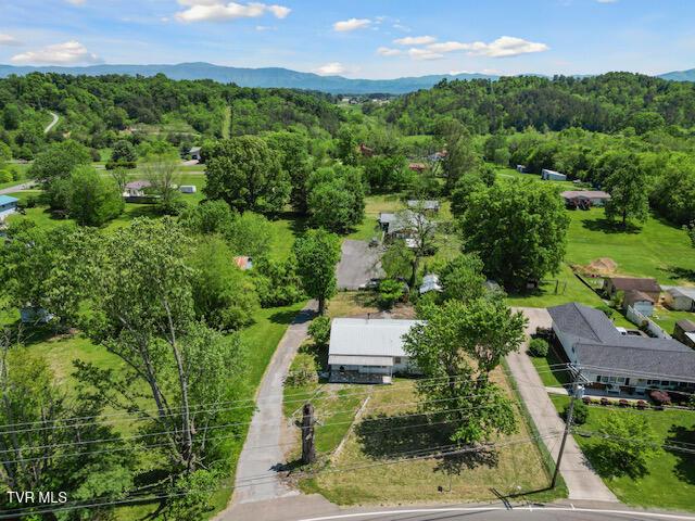 bird's eye view featuring a view of trees and a mountain view