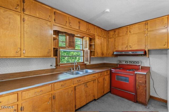kitchen with electric range, open shelves, light colored carpet, a sink, and under cabinet range hood