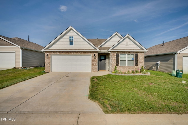 view of front of home with a front yard, driveway, and brick siding