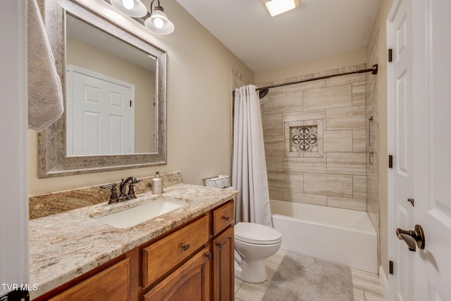 bathroom with vanity, shower / tub combo with curtain, tile patterned floors, and toilet