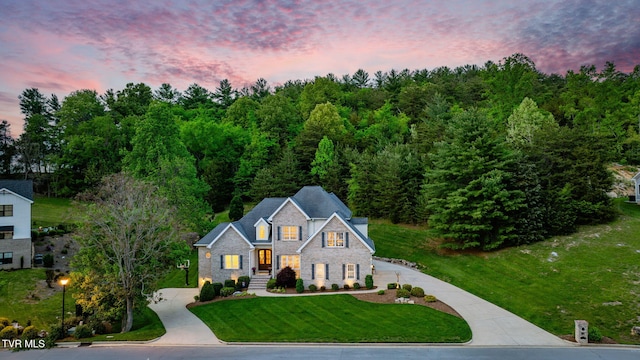traditional-style house featuring a yard, driveway, and stone siding