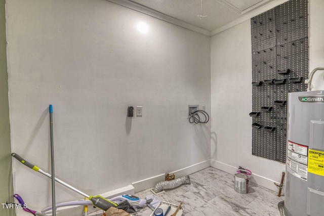 954 Maple St, Kingsport, TN 37660 - bathroom with water heater, marble look tile flooring, and ornamental molding