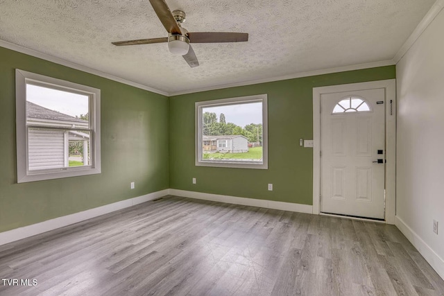 954 Maple St, Kingsport, TN 37660 - foyer entrance with a textured ceiling, wood finished floors, a ceiling fan, and ornamental molding