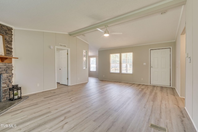 unfurnished living room with visible vents, crown molding, wood finished floors, vaulted ceiling with beams, and a ceiling fan